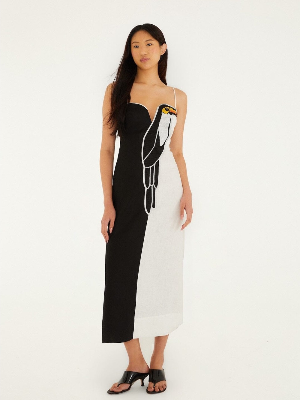 FARM RIO Black And White Embroidered Toucan Sleeveless Maxi Dress